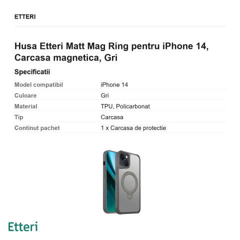 Husa Etteri Matt Mag Ring pentru iPhone 14, Carcasa magnetica, Gri [2]
