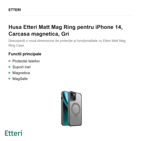 Husa Etteri Matt Mag Ring pentru iPhone 14, Carcasa magnetica, Gri [1]