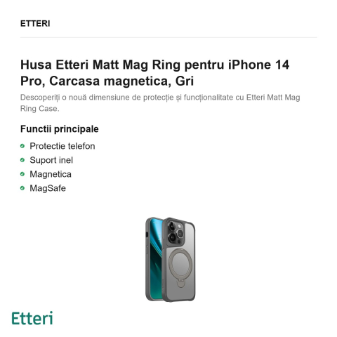 Husa Etteri Matt Mag Ring pentru iPhone 14 Pro, Carcasa magnetica, Gri [1]