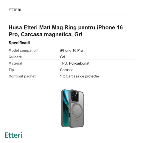 Husa Etteri Matt Mag Ring pentru iPhone 16 Pro, Carcasa magnetica, Gri [2]