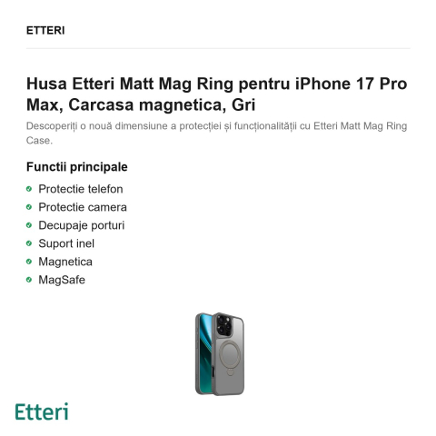 Husa Etteri Matt Mag Ring pentru iPhone 17 Pro Max, Carcasa magnetica, Gri [1]