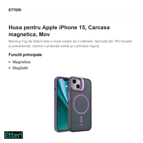 Husa Etteri Morning Fog pentru Apple iPhone 15, Carcasa magnetica, Mov [1]
