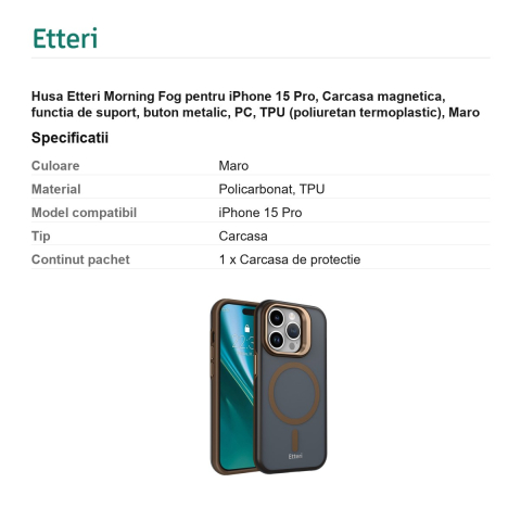 Husa Etteri Morning Fog pentru iPhone 15 Pro, Carcasa magnetica, functia de suport, buton metalic, PC, TPU (poliuretan termoplastic), Maro [2]