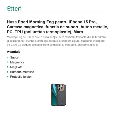 Husa Etteri Morning Fog pentru iPhone 15 Pro, Carcasa magnetica, functia de suport, buton metalic, PC, TPU (poliuretan termoplastic), Maro [1]