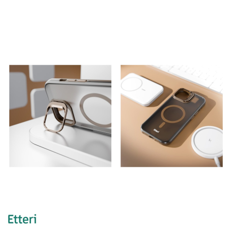 Husa Etteri Morning Fog pentru iPhone 15 Pro, Carcasa magnetica, functia de suport, buton metalic, PC, TPU (poliuretan termoplastic), Maro [4]