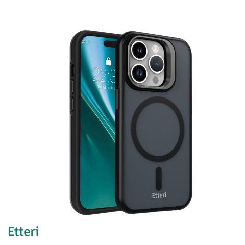 Huse telefoane - Husa Etteri Morning Fog pentru iPhone 15 Pro, Carcasa magnetica, functia de suport, buton metalic, PC, TPU (poliuretan termoplastic), Negru