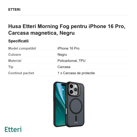 Husa Etteri Morning Fog pentru iPhone 16 Pro, Carcasa magnetica, Negru [2]