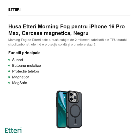 Husa Etteri Morning Fog pentru iPhone 16 Pro Max, Carcasa magnetica, Negru [1]