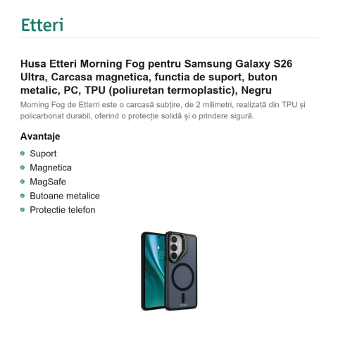 Husa Etteri Morning Fog pentru Samsung Galaxy S26 Ultra, Carcasa magnetica, functia de suport, buton metalic, PC, TPU (poliuretan termoplastic), Negru [1]
