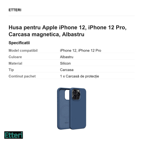 Husa Etteri Silicone Mag pentru Apple iPhone 12, iPhone 12 Pro, Carcasa magnetica, Albastru [2]