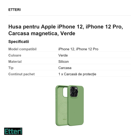 Husa Etteri Silicone Mag pentru Apple iPhone 12, iPhone 12 Pro, Carcasa magnetica, Verde [2]