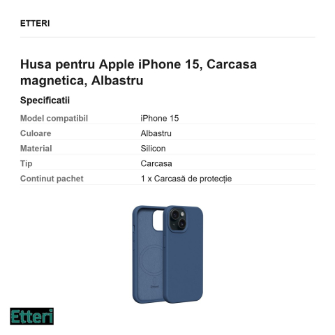 Husa Etteri Silicone Mag pentru Apple iPhone 15, Carcasa magnetica, Albastru [2]
