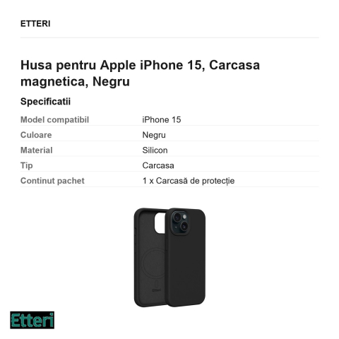 Husa Etteri Silicone Mag pentru Apple iPhone 15, Carcasa magnetica, Negru [2]