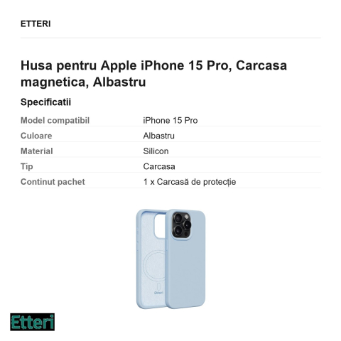 Husa Etteri Silicone Mag pentru Apple iPhone 15 Pro, Carcasa magnetica, Albastru [2]
