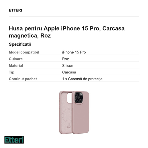 Husa Etteri Silicone Mag pentru Apple iPhone 15 Pro, Carcasa magnetica, Roz [2]