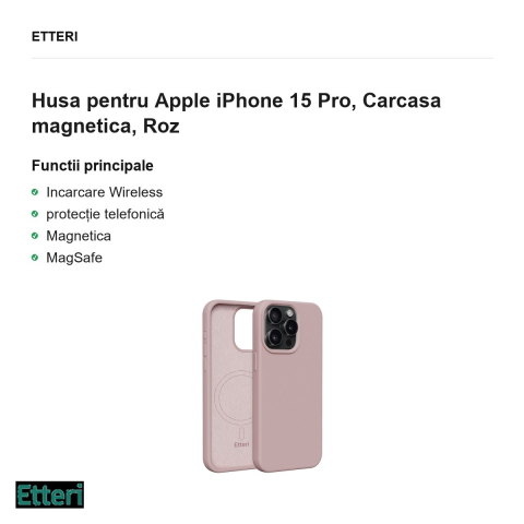 Husa Etteri Silicone Mag pentru Apple iPhone 15 Pro, Carcasa magnetica, Roz [1]