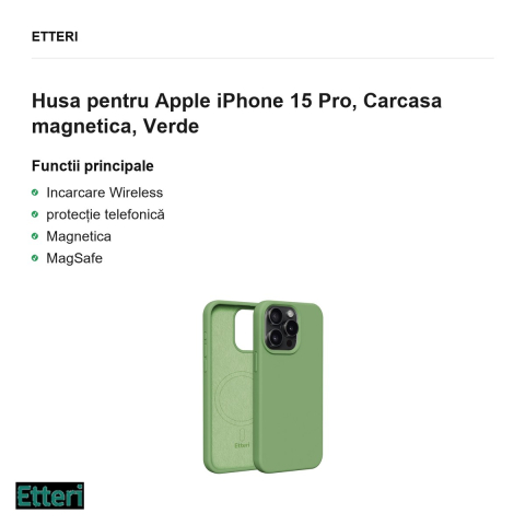 Husa Etteri Silicone Mag pentru Apple iPhone 15 Pro, Carcasa magnetica, Verde [1]
