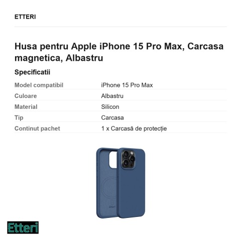 Husa Etteri Silicone Mag pentru Apple iPhone 15 Pro Max, Carcasa magnetica, Albastru [2]