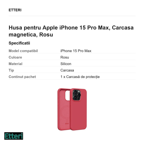 Husa Etteri Silicone Mag pentru Apple iPhone 15 Pro Max, Carcasa magnetica, Rosu [2]