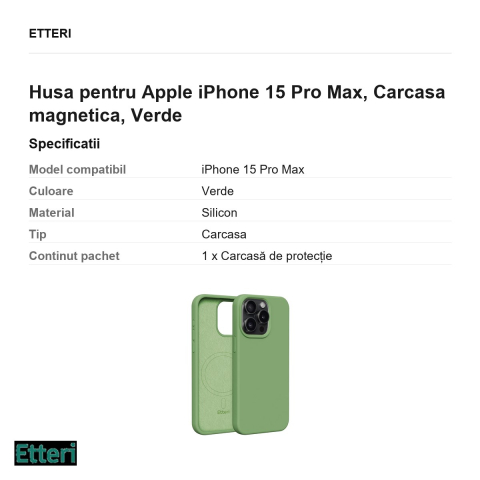 Husa Etteri Silicone Mag pentru Apple iPhone 15 Pro Max, Carcasa magnetica, Verde [2]