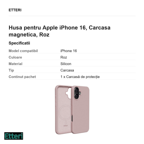 Husa Etteri Silicone Mag pentru Apple iPhone 16, Carcasa magnetica, Roz [2]