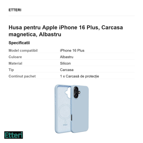 Husa Etteri Silicone Mag pentru Apple iPhone 16 Plus, Carcasa magnetica, Albastru [2]