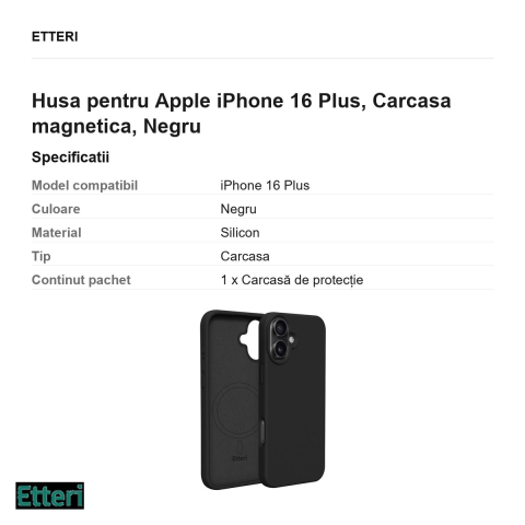 Husa Etteri Silicone Mag pentru Apple iPhone 16 Plus, Carcasa magnetica, Negru [2]