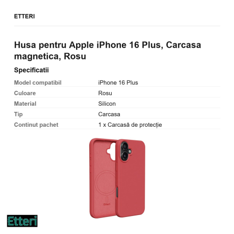 Husa Etteri Silicone Mag pentru Apple iPhone 16 Plus, Carcasa magnetica, Rosu [2]