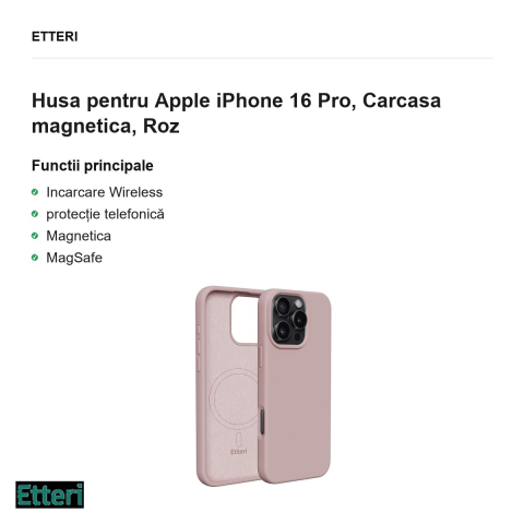 Husa Etteri Silicone Mag pentru Apple iPhone 16 Pro, Carcasa magnetica, Roz [1]