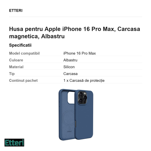 Husa Etteri Silicone Mag pentru Apple iPhone 16 Pro Max, Carcasa magnetica, Albastru [2]