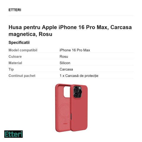 Husa Etteri Silicone Mag pentru Apple iPhone 16 Pro Max, Carcasa magnetica, Rosu [2]