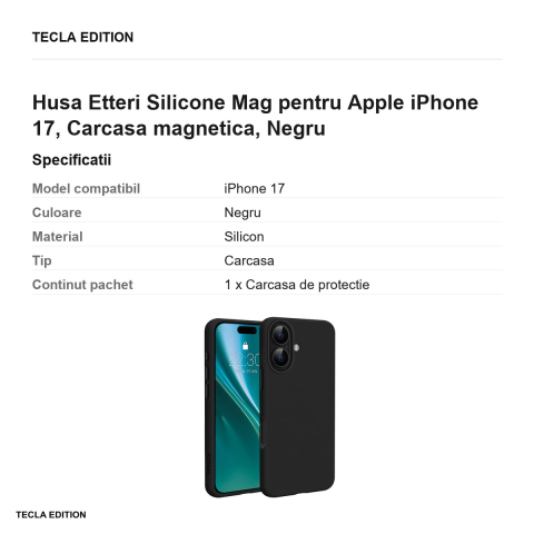 Husa Etteri Silicone Mag pentru Apple iPhone 17, Carcasa magnetica, Negru [2]