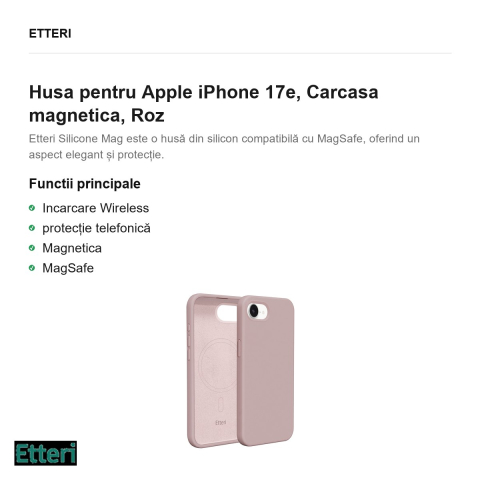 Husa Etteri Silicone Mag pentru Apple iPhone 17e, Carcasa magnetica, Roz [1]