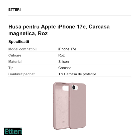 Husa Etteri Silicone Mag pentru Apple iPhone 17e, Carcasa magnetica, Roz [2]