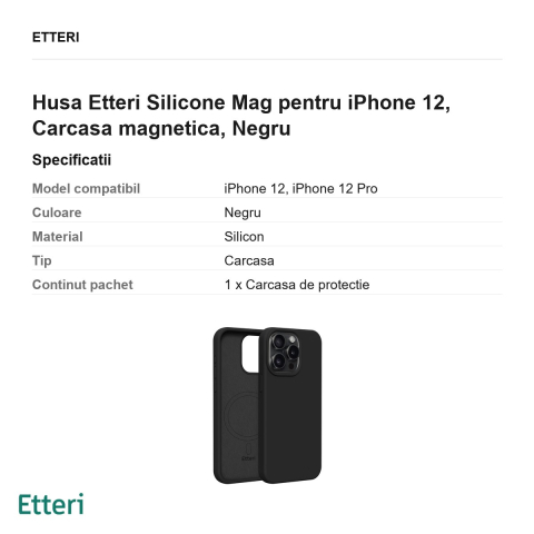 Husa Etteri Silicone Mag pentru iPhone 12, Carcasa magnetica, Negru [2]