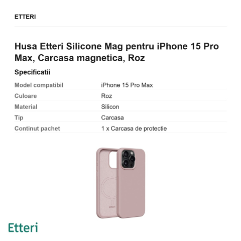 Husa Etteri Silicone Mag pentru iPhone 15 Pro Max, Carcasa magnetica, Roz [2]