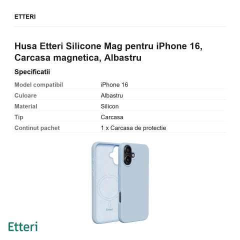 Husa Etteri Silicone Mag pentru iPhone 16, Carcasa magnetica, Albastru [2]