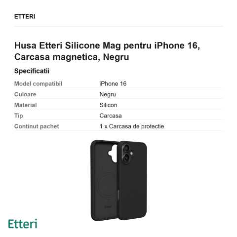 Husa Etteri Silicone Mag pentru iPhone 16, Carcasa magnetica, Negru [2]