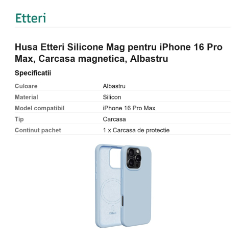 Husa Etteri Silicone Mag pentru iPhone 16 Pro Max, Carcasa magnetica, Albastru [2]