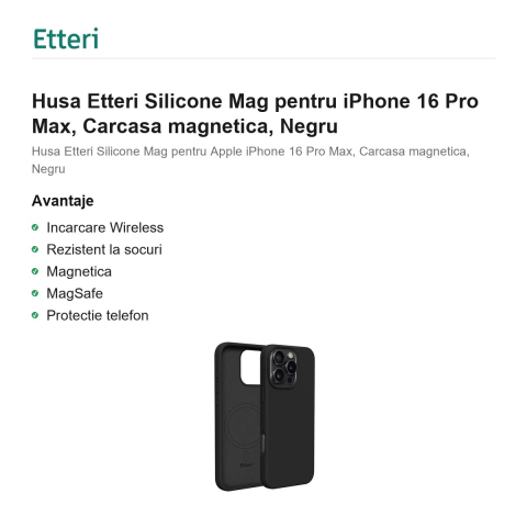 Husa Etteri Silicone Mag pentru iPhone 16 Pro Max, Carcasa magnetica, Negru [1]