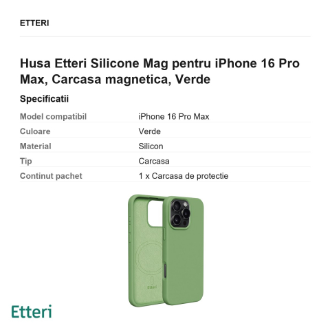 Husa Etteri Silicone Mag pentru iPhone 16 Pro Max, Carcasa magnetica, Verde [2]