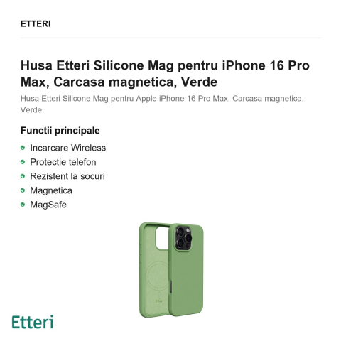 Husa Etteri Silicone Mag pentru iPhone 16 Pro Max, Carcasa magnetica, Verde [1]
