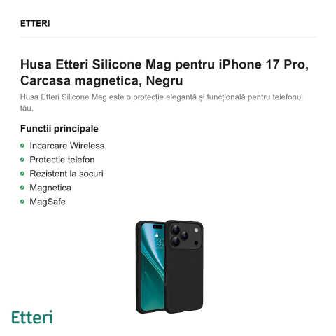 Husa Etteri Silicone Mag pentru iPhone 17 Pro, Carcasa magnetica, Negru [1]