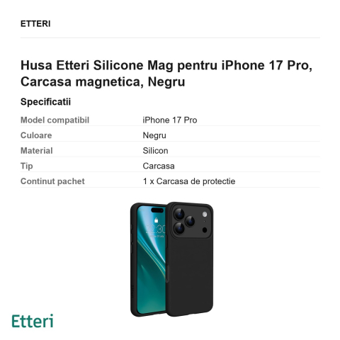 Husa Etteri Silicone Mag pentru iPhone 17 Pro, Carcasa magnetica, Negru [2]