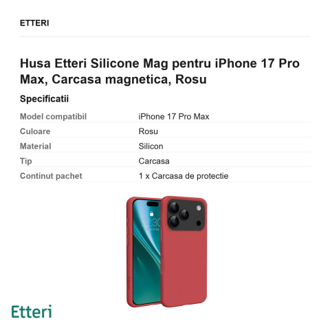 Husa Etteri Silicone Mag pentru iPhone 17 Pro Max, Carcasa magnetica, Rosu [2]