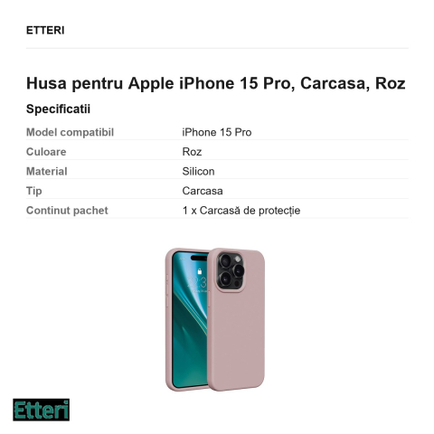 Husa Etteri Silicone pentru Apple iPhone 15 Pro, Carcasa, Roz [2]
