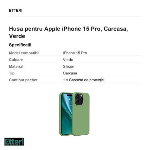 Husa Etteri Silicone pentru Apple iPhone 15 Pro, Carcasa, Verde [2]