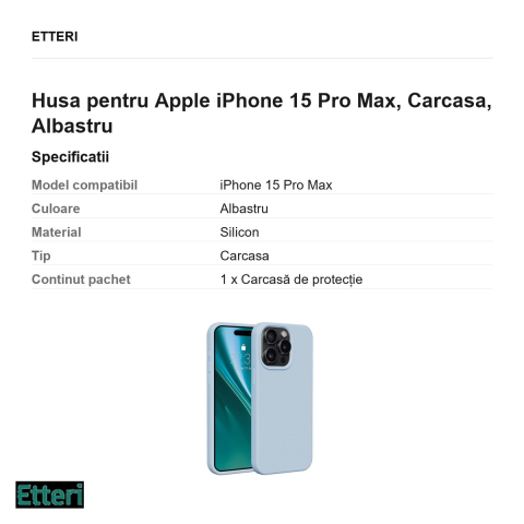 Husa Etteri Silicone pentru Apple iPhone 15 Pro Max, Carcasa, Albastru [2]