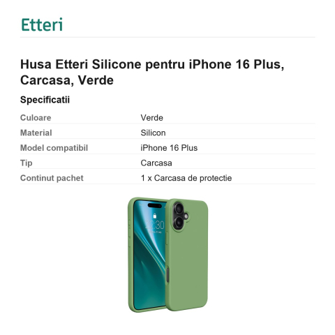 Husa Etteri Silicone pentru iPhone 16 Plus, Carcasa, Verde [2]