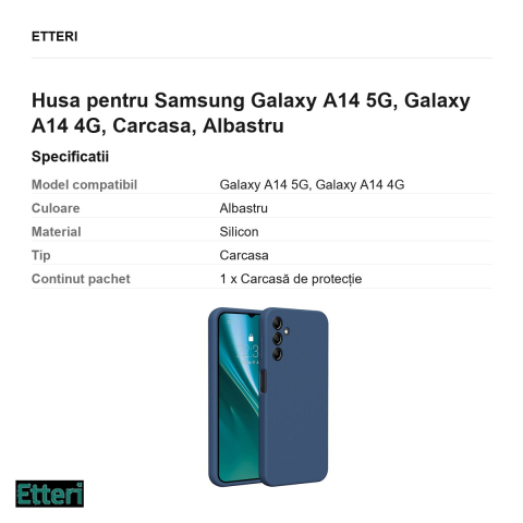 Husa Etteri Silicone pentru Samsung Galaxy A14 5G, Galaxy A14 4G, Carcasa, Albastru [2]